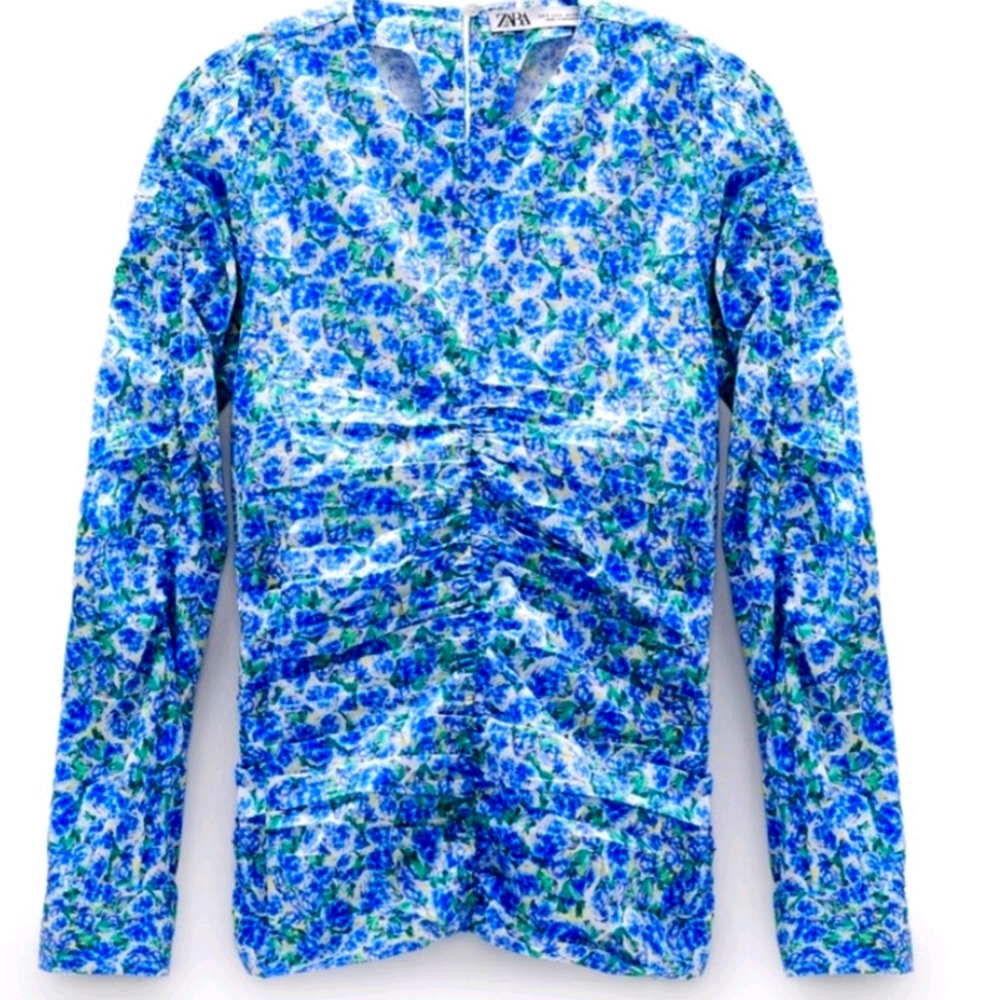 Zara Spring Floral Ruched Poplin Top